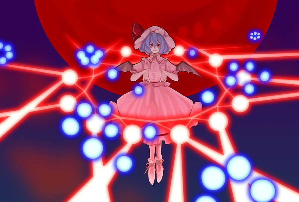 ameri, remilia scarlet, touhou, silver hair, 1girl, bat wings, danmaku, dress, energy, female focus, flying, full body, full moon, hat, looking at viewer, magic, mob cap, moon, red eyes, red moon, solo, vampire, white dress, wings