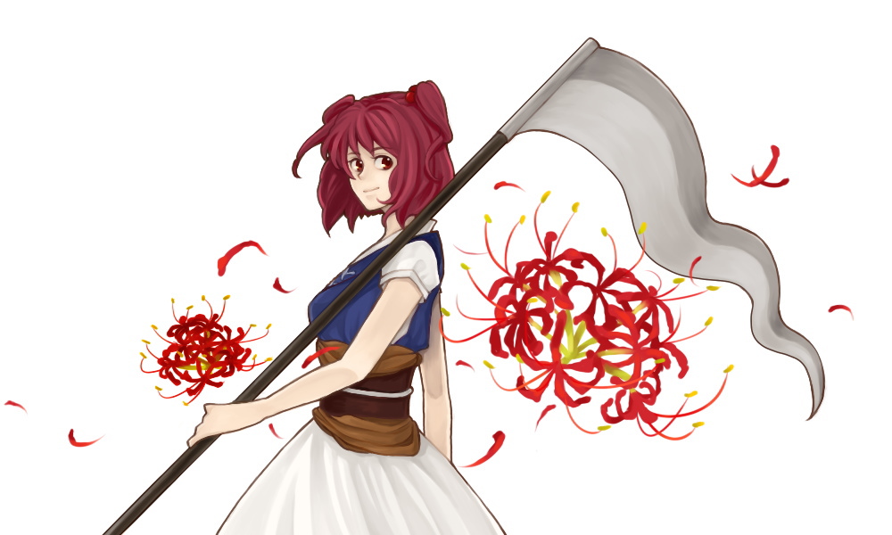 ameri, onozuka komachi, touhou, 1girl, female focus, flower, light smile, red flower, red hair, scythe, simple background, solo, spider lily