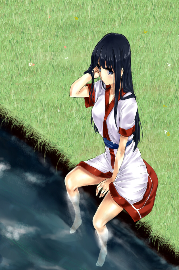 kirisato itsuki, nakoruru, samurai spirits, the king of fighters, bad id, bad pixiv id, 1girl, ainu clothes, barefoot, black hair, blue eyes, breasts, feet, female focus, grass, large breasts, legs, long hair, looking at viewer, sitting, soaking feet, solo, thighs, water