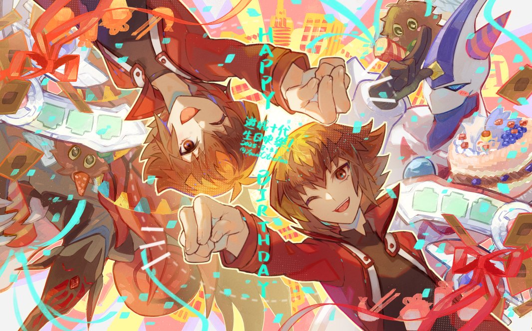 youmicitrustea, elemental hero flame wingman, elemental hero neos, winged kuriboh, yuki judai, yu-gi-oh!, yu-gi-oh! gx, 1boy, 3others, black shirt, brown eyes, brown hair, cake, card, chest jewel, collared jacket, collared shirt, dual persona, duel academy uniform (yu-gi-oh! gx), duel disk, duel monster, feathered wings, food, forehead jewel, fruit, hair between eyes, happy, happy birthday, jacket, long sleeves, looking at viewer, multiple others, one eye closed, open clothes, open jacket, pointing, popped collar, red jacket, ribbon, shirt, short hair, sidelocks, single wing, smile, spiked hair, trading card, wings