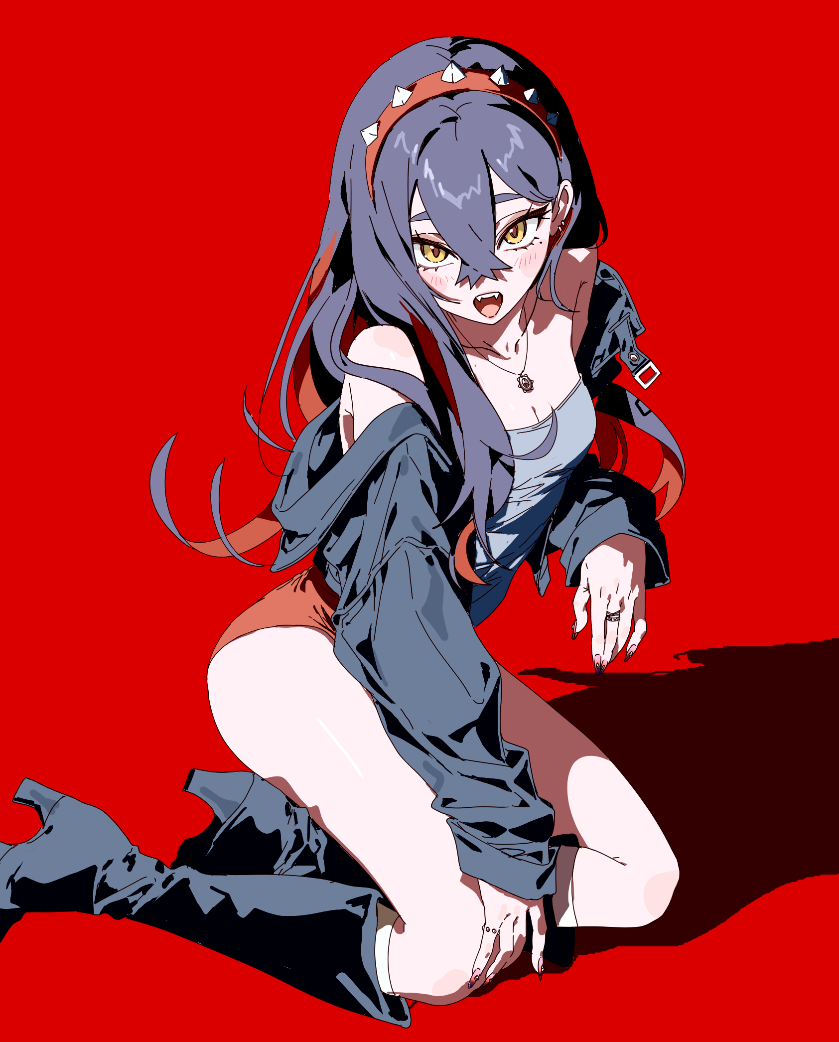 5oh5s2, carmine (pokemon), nintendo, pokemon, pokemon sv, highres, 1girl, alternate costume, black hair, black jacket, blush, boots, breasts, cleavage, colored inner hair, crossed bangs, eyelashes, hair between eyes, hairband, high heel boots, high heels, jacket, jewelry, leotard, long hair, looking at viewer, mole, mole under eye, multicolored hair, necklace, open mouth, red background, red hair, simple background, solo, two-tone hair, yellow eyes