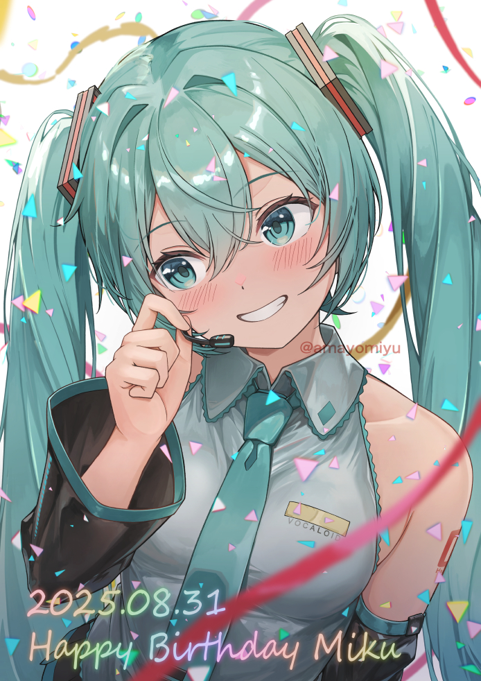 amayomiyu, hatsune miku, vocaloid, 1girl, aqua eyes, aqua hair, aqua necktie, birthday, black sleeves, collared shirt, confetti, dated, detached sleeves, earpiece, grey shirt, grin, happy birthday, long hair, necktie, shirt, smile, solo, streamers, twintails, twitter username, white background