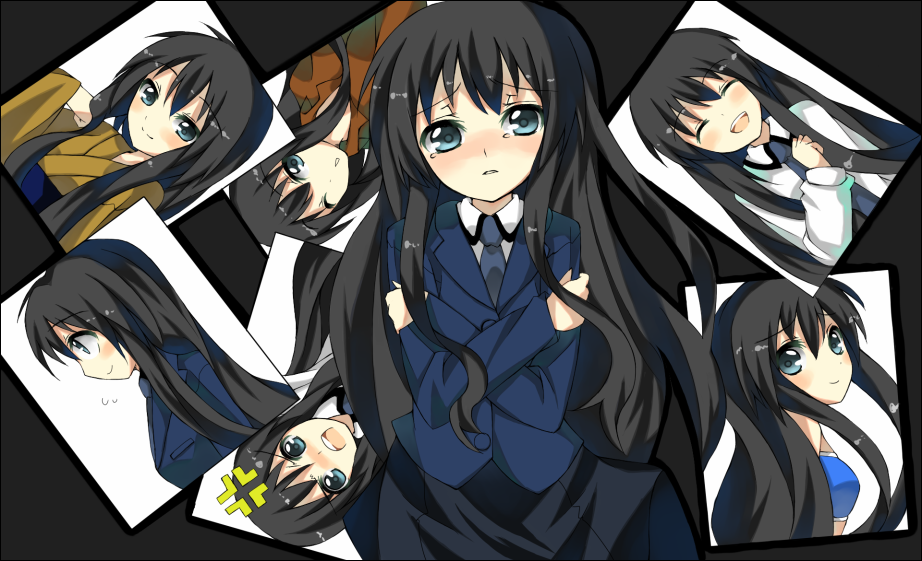 shingetsu takehito, original, 1girl, :d, ^ ^, black hair, blazer, blue eyes, closed eyes, cowboy shot, crossed arms, head tilt, jacket, long hair, long sleeves, looking at viewer, multiple views, open mouth, smile, very long hair