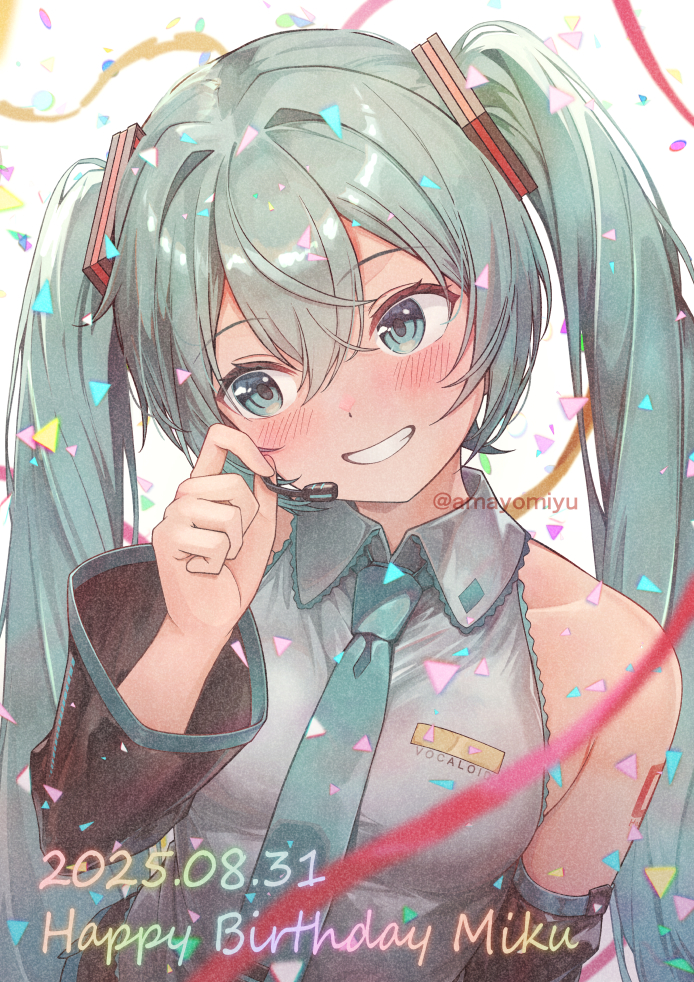 amayomiyu, hatsune miku, vocaloid, 1girl, aqua eyes, aqua hair, aqua necktie, birthday, black sleeves, collared shirt, confetti, dated, detached sleeves, earpiece, grey shirt, grin, happy birthday, long hair, necktie, shirt, smile, solo, streamers, twintails, twitter username