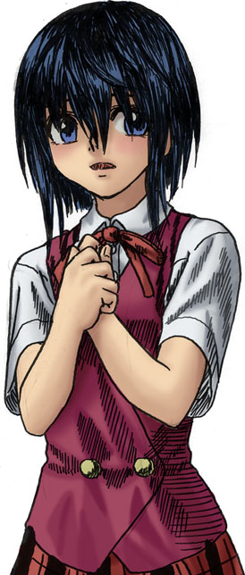 minarai zouhyou, miyazaki nodoka, mahou sensei negima!, 00s, 1girl, bad anatomy, blue eyes, blue hair, female focus, hair over eyes, hand on another's chest, hands on own chest, matching hair/eyes, open mouth, own hands clasped, own hands together, plaid clothes, plaid skirt, poorly drawn, school uniform, serafuku, skirt, solo