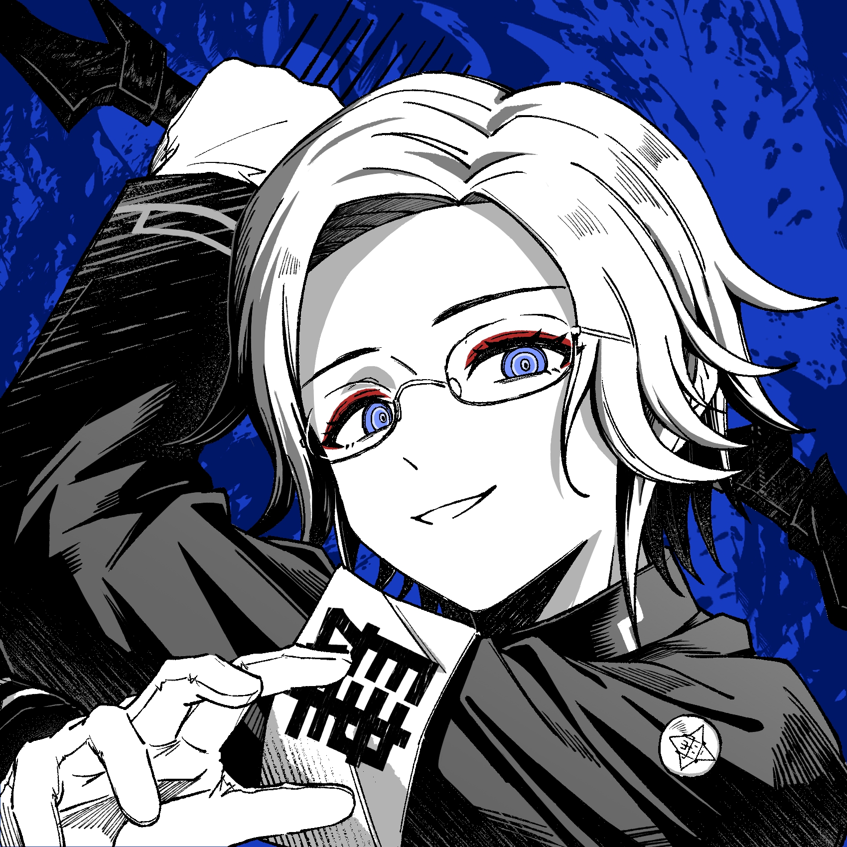 aotsuki eito, the hundred line -last defense academy-, chinese commentary, commentary request, highres, 1boy, armband, blue background, blue eyes, eyelashes, eyeliner, glasses, gloves, greyscale with colored background, jacket, last defense academy school uniform, long sleeves, looking at viewer, makeup, male focus, rangxiangrikuikaimanxiboliya, red eyeliner, school uniform, short hair, smile, solo, spot color, tareme