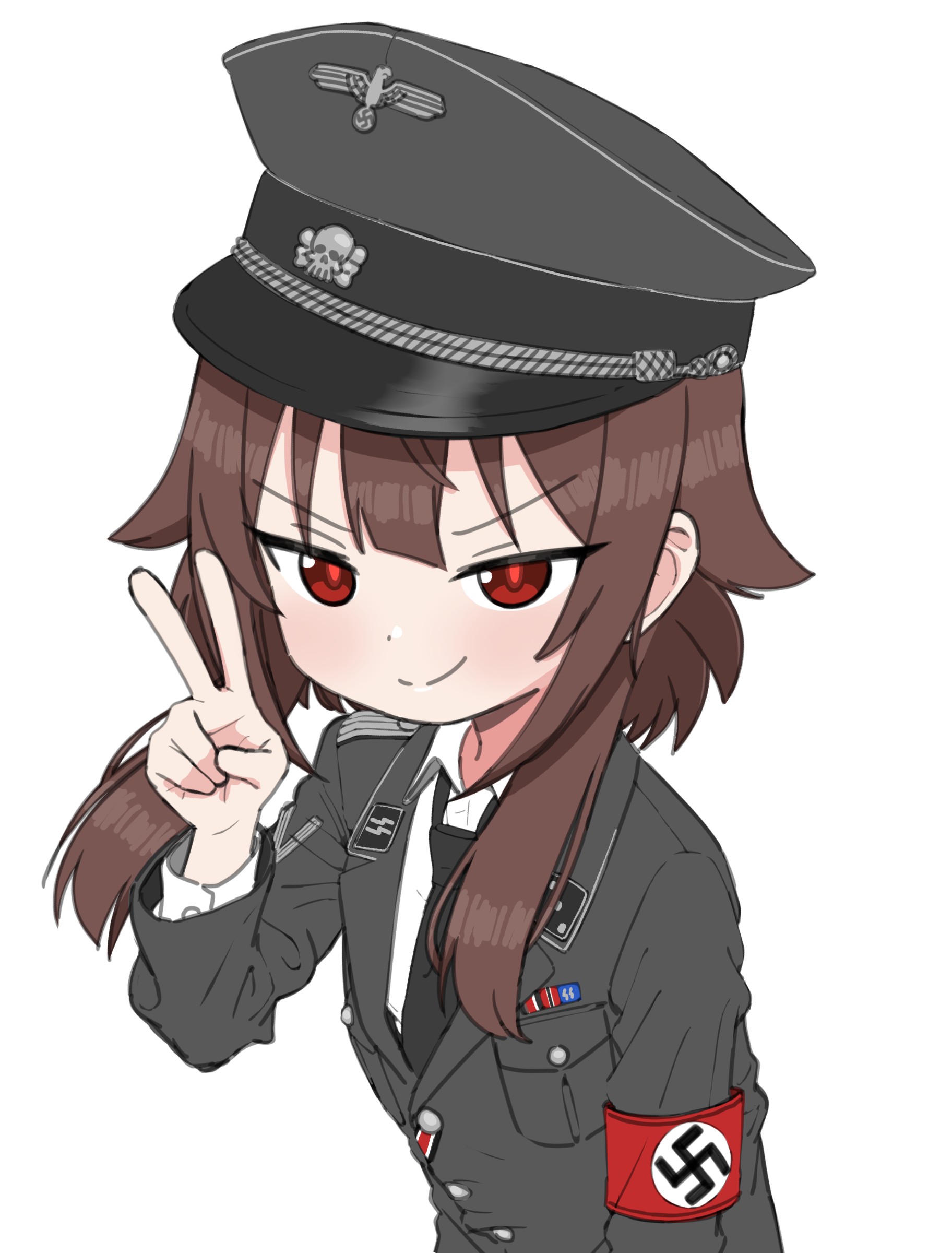 black cat03, megumin, kono subarashii sekai ni shukufuku wo!, absurdres, highres, 1girl, armband, black hat, black jacket, black necktie, brown hair, closed mouth, collar tabs, hand up, hat, jacket, looking at viewer, military dress uniform, military jacket, military uniform, nazi, necktie, peaked cap, red armband, red eyes, shirt, simple background, smile, solo, ss insignia, ss uniform, swastika, v, waffen-ss, white background, white shirt