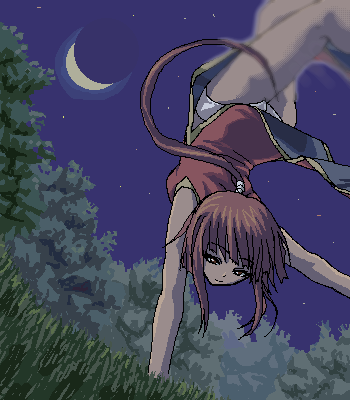 minarai zouhyou, nagase kaede, mahou sensei negima!, lowres, 00s, 1girl, ass, bare shoulders, brown hair, china dress, chinese clothes, dress, female focus, long hair, moon, night, oekaki, panties, ponytail, solo, underwear