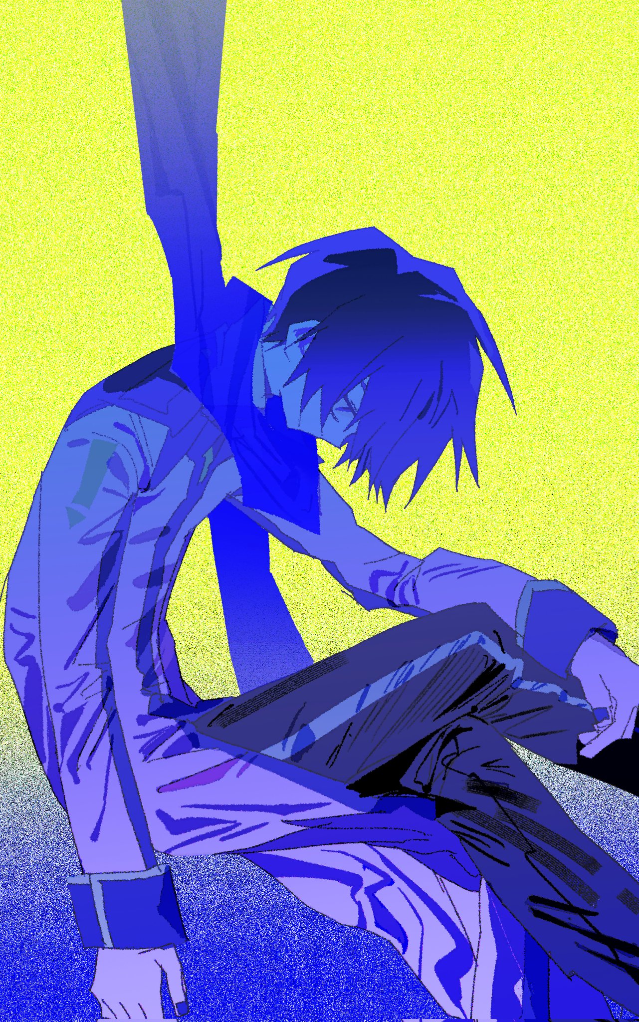 goguma wagamja, kaito (vocaloid), vocaloid, highres, 1boy, blue eyes, blue hair, blue scarf, blue theme, coat, crossed legs, feet out of frame, from side, long sleeves, looking down, male focus, pants, scarf, short hair, sitting, solo, yellow background