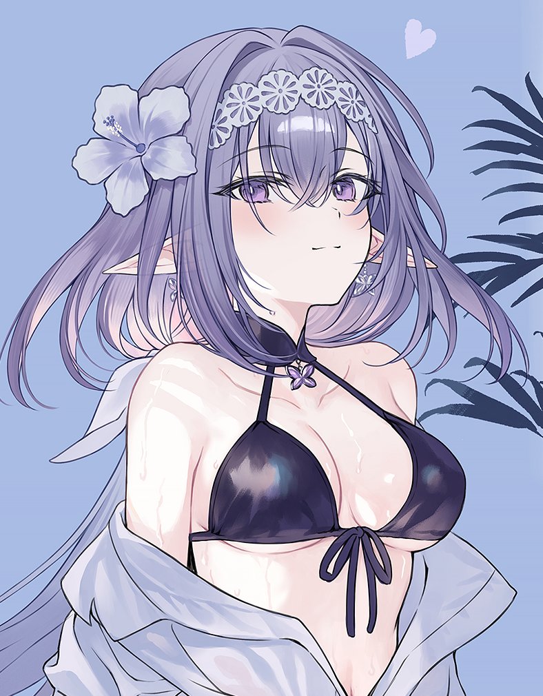 yashiro seika, castorice (honkai: star rail), honkai: star rail, honkai (series), commentary request, 1girl, :3, alternate costume, bikini, black bikini, blue background, breasts, cleavage, closed mouth, collarbone, earrings, grey hair, heart, jacket, jewelry, looking at viewer, medium breasts, medium hair, pointy ears, purple eyes, sideboob, solo, swimsuit, upper body, white jacket