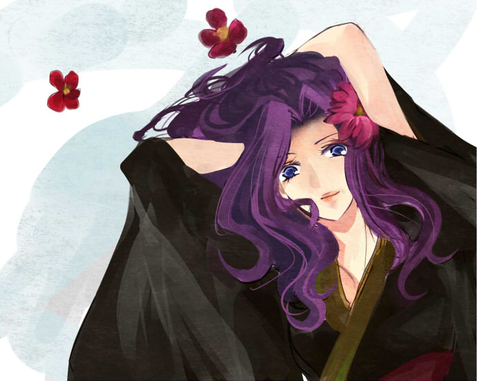 cornelia li britannia, code geass, 00s, flower, japanese clothes, kimono, purple eyes, purple hair, solo