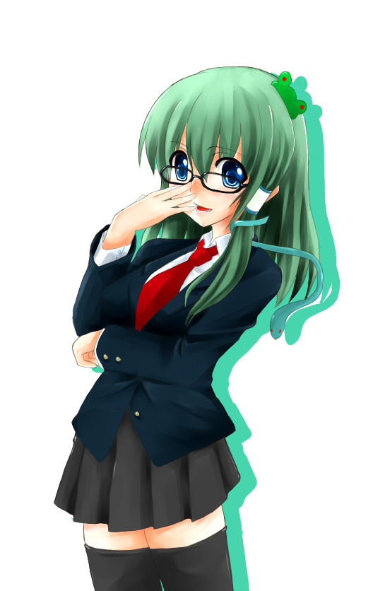 yuuki (ashitahare), kochiya sanae, touhou, 1girl, adjusting eyewear, bespectacled, female focus, formal clothes, glasses, necktie, skirt, skirt suit, solo, suit, thighhighs, zettai ryouiki
