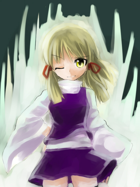yuuki (ashitahare), moriya suwako, touhou, 1girl, blonde hair, cowboy shot, female focus, looking at viewer, no headwear, one eye closed, purple skirt, skirt, solo, standing, sweater, turtleneck, vest, wink, yellow eyes