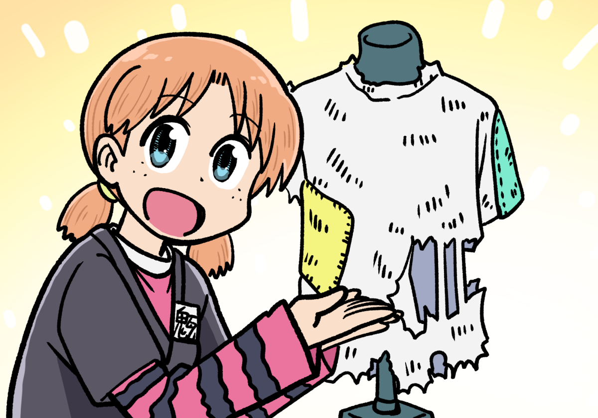 a-king, city (arawi keiichi), 1girl, black jacket, blue hair, freckles, gradient background, jacket, looking at viewer, open mouth, orange hair, pink shirt, scene reference, shirt, short twintails, smile, solo, striped arm warmers, torn clothes, torn shirt, twintails, upper body, white background, white shirt, yellow background