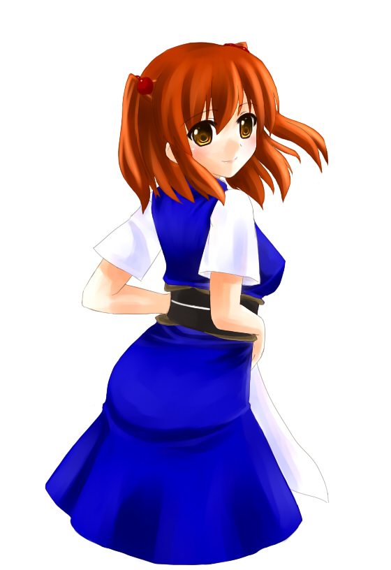 yuuki (ashitahare), onozuka komachi, touhou, 1girl, belt, blue dress, blush, dress, female focus, from behind, looking at viewer, looking back, puffy short sleeves, puffy sleeves, red eyes, red hair, short hair, short sleeves, simple background, solo, white background