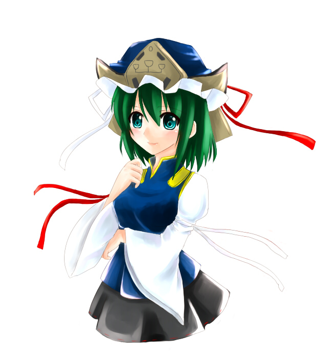 yuuki (ashitahare), shiki eiki, touhou, 1girl, black skirt, female focus, frills, green eyes, green hair, hat, long sleeves, matching hair/eyes, mob cap, pleated skirt, short hair, simple background, skirt, solo, vest, white background
