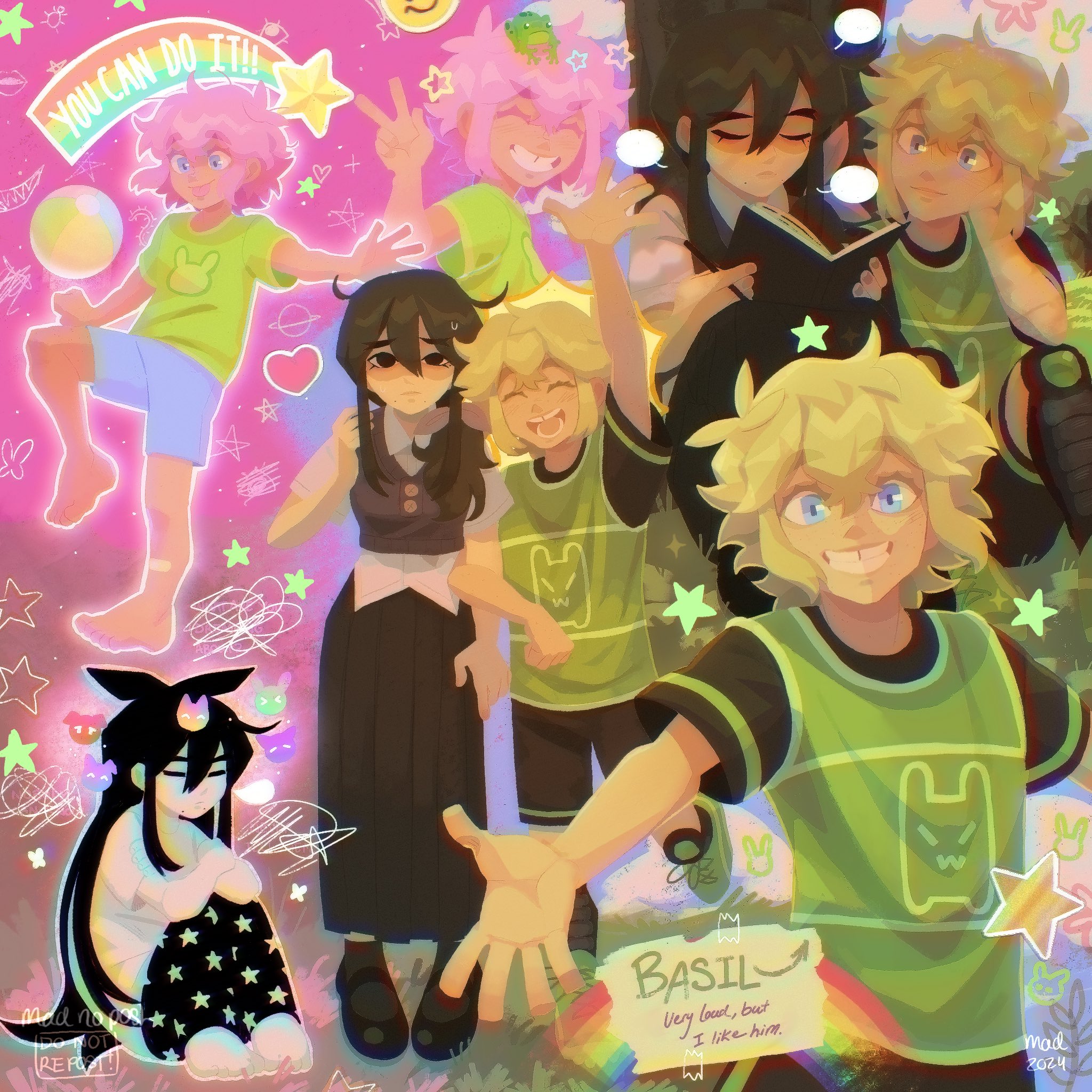 madnopost, aubrey (faraway) (omori), aubrey (omori), basil (faraway) (omori), basil (omori), omori, highres, 2024, 2boys, 2girls, alternate costume, alternate hair color, alternate hairstyle, alternate universe, antenna hair, arm up, arrow (symbol), artist name, barefoot, black eyes, black hair, black shoes, black shorts, black skirt, black socks, black sweater vest, blank speech bubble, blonde hair, blue eyes, blue shorts, book, character name, cleats, closed eyes, closed mouth, colored skin, crossed arms, double-parted bangs, dual persona, english text, green shirt, green shoes, holding, holding book, knees up, locked arms, long hair, long skirt, looking at another, looking at viewer, mole, mole under eye, mole under mouth, multiple boys, multiple girls, open book, pink hair, pleated skirt, shin guards, shirt, shoes, short hair, short sleeves, shorts, sitting, skirt, socks, speech bubble, sweater vest, t-shirt, teeth, v, white shirt, white skin