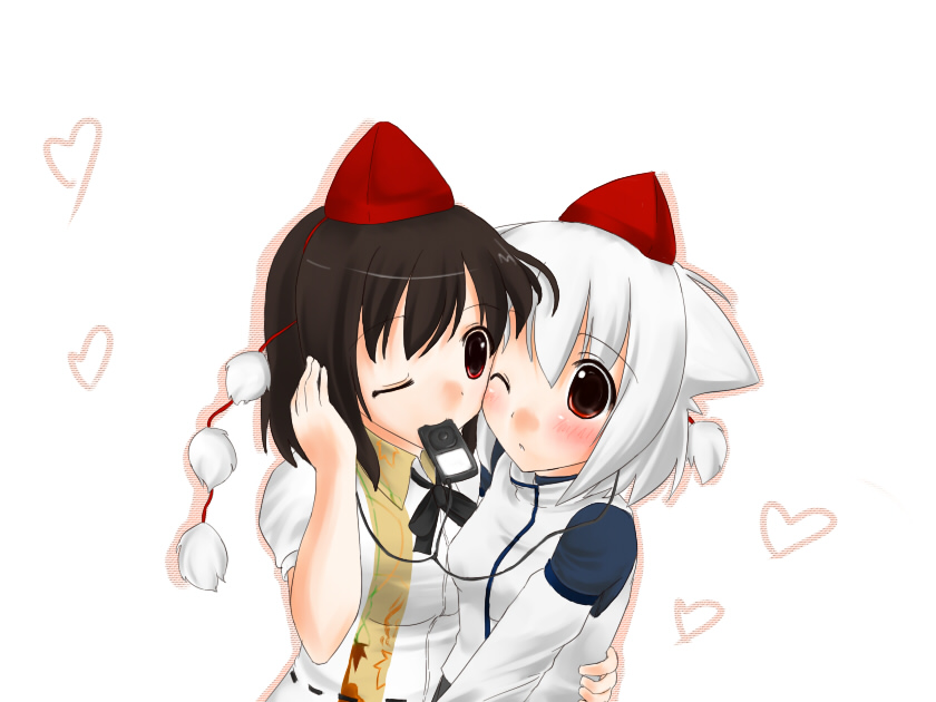 yuuki (ashitahare), inubashiri momiji, shameimaru aya, touhou, 2girls, blush, digital media player, female focus, hat, hug, ipod, mouth hold, multiple girls, upper body, white background, yuri