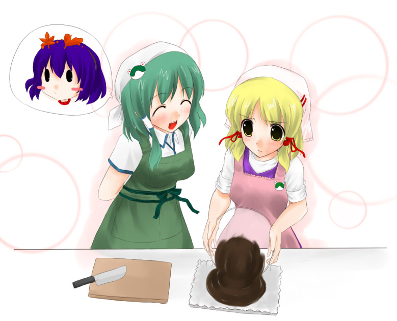 yuuki (ashitahare), kochiya sanae, moriya suwako, yasaka kanako, touhou, 2girls, ^ ^, apron, arms behind back, black eyes, blonde hair, chocolate, closed eyes, cooking, female focus, frog, green hair, multiple girls, purple hair, yellow eyes