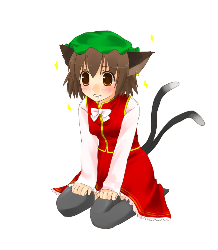yuuki (ashitahare), chen, touhou, 1girl, animal ears, black thighhighs, brown eyes, brown hair, cat ears, cat girl, cat tail, earrings, female focus, full body, hat, jewelry, multiple tails, saliva, short hair, simple background, solo, tail, thighhighs