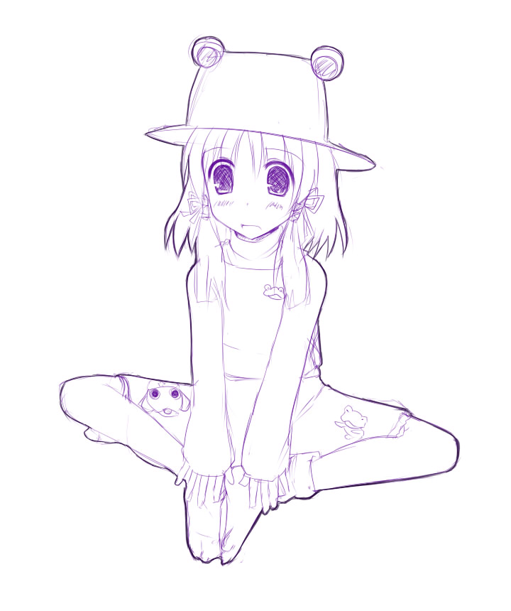 yuuki (ashitahare), moriya suwako, keroro gunsou, touhou, 1girl, feet, female focus, hat, monochrome, purple theme, sketch, socks, solo
