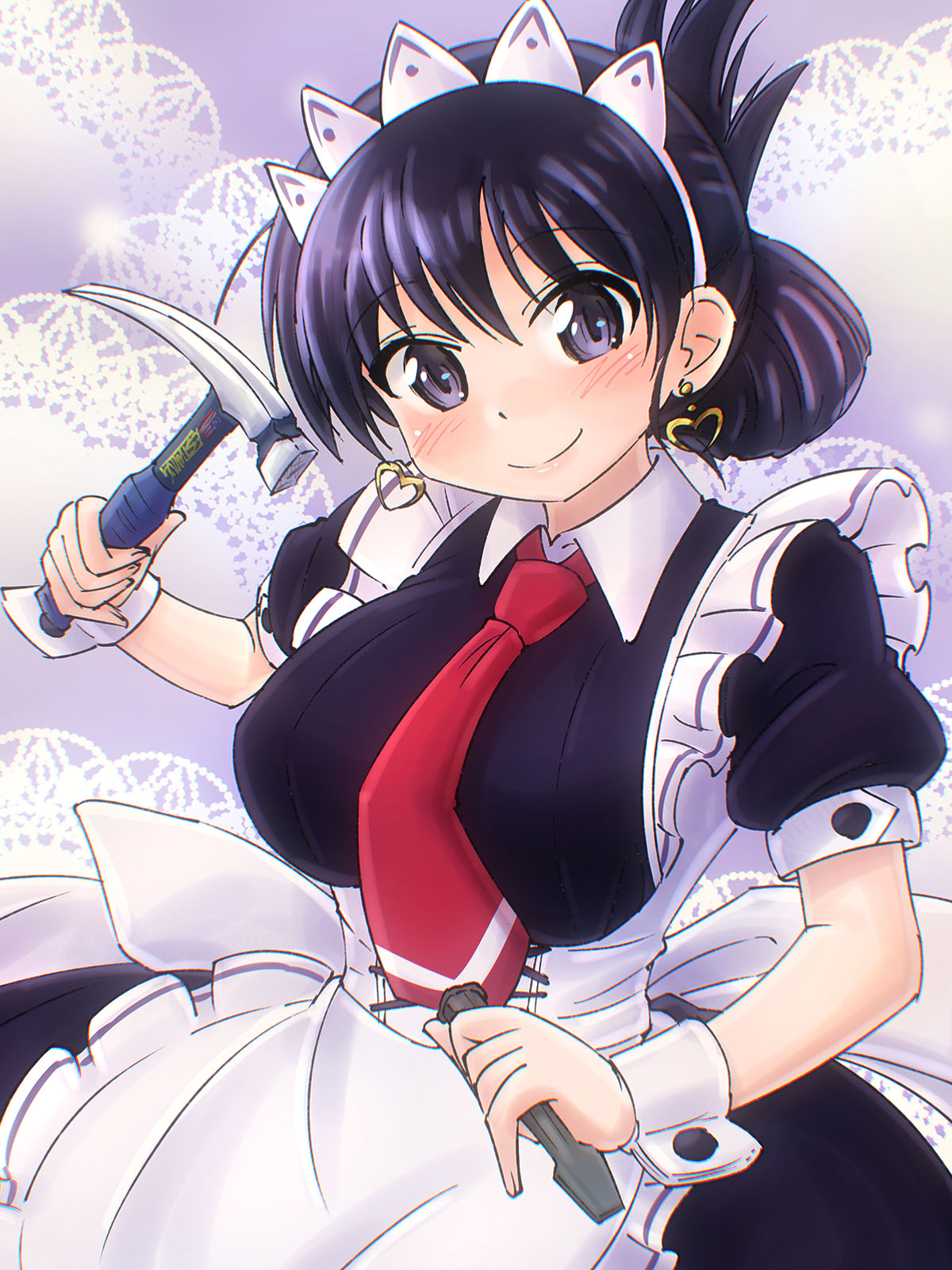 oekaki lemon, arato nagi, ruri no houseki, highres, apron, black dress, black hair, breasts, chisel, closed mouth, collared dress, dress, earrings, frilled dress, frills, hammer, heart, heart earrings, holding, holding hammer, jewelry, large breasts, looking at viewer, maid, maid apron, maid headdress, necktie, purple background, purple eyes, red necktie, short sleeves, smile, white apron, wrist cuffs