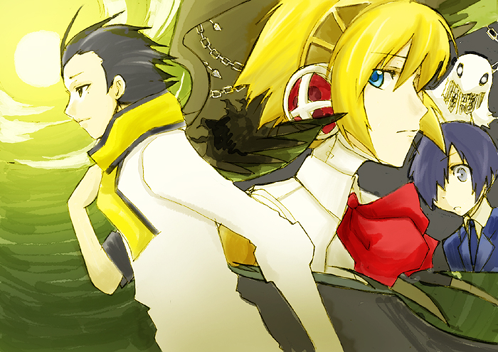 aigis (persona), mochizuki ryouji, thanatos (persona), yuuki makoto (persona 3), atlus, persona, persona 3, 1girl, 2boys, android, black hair, blonde hair, blue eyes, blue hair, bow, hair over one eye, multiple boys, ribbon, scarf, short hair
