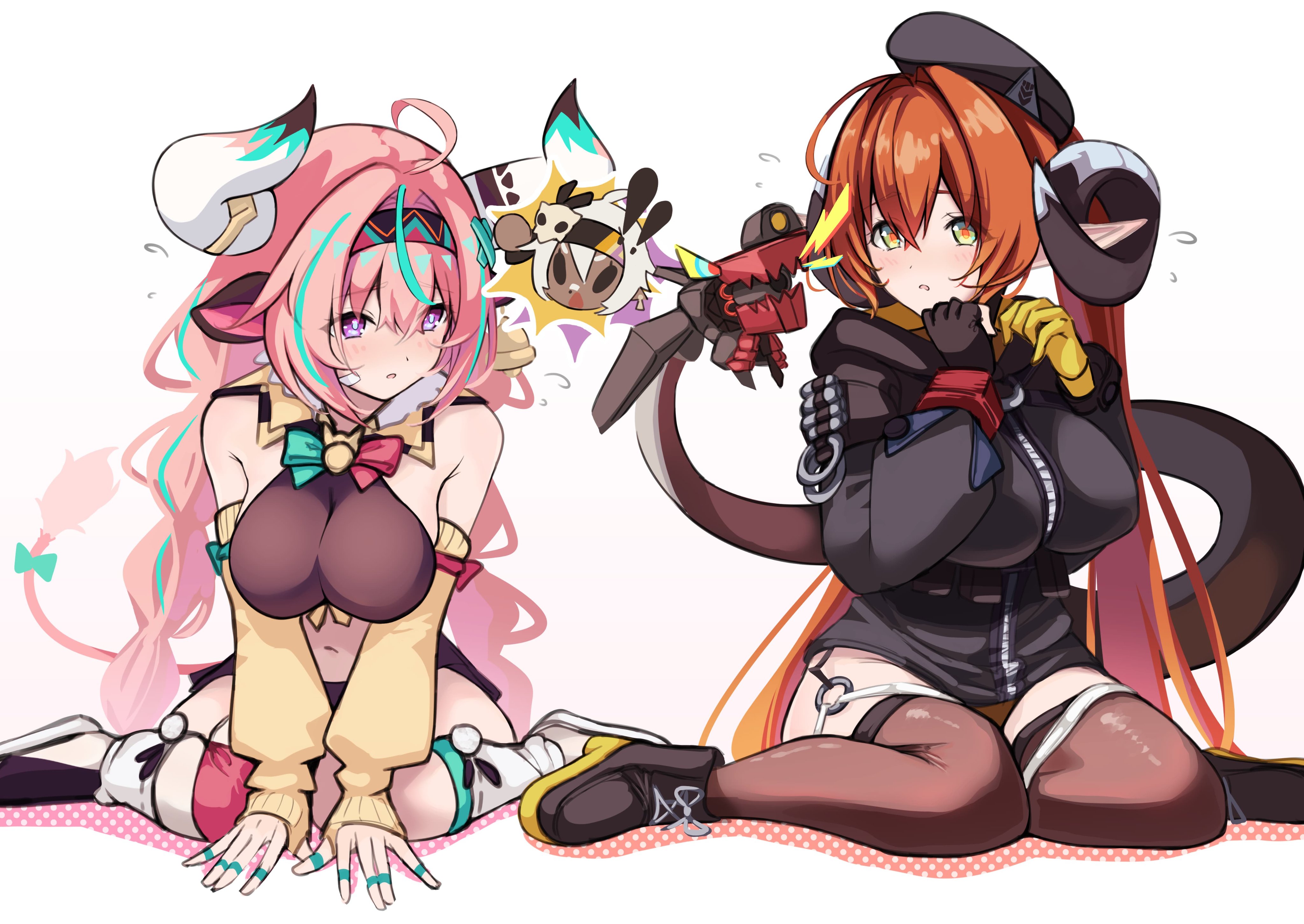 calamy, iansan (genshin impact), magus (zenless zone zero), orphie magnusson, varesa (genshin impact), genshin impact, zenless zone zero, absurdres, highres, ahoge, animal ears, asymmetrical gloves, braid, breasts, cow ears, cow horns, curled horns, detached sleeves, ear bell, gloves, green eyes, hairband, horns, large breasts, long hair, midriff, mismatched gloves, navel, orange hair, pink hair, pointy ears, purple eyes, scolding, sitting, thighhighs, twin braids, wariza