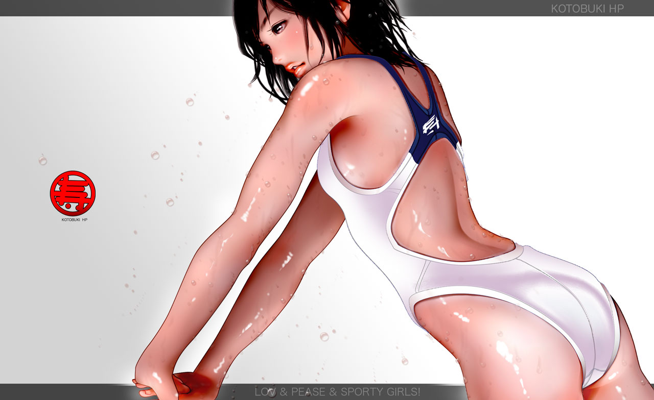 kotobuki shiro, shro kotobuki, 1girl, ass, brown eyes, brown hair, competition swimsuit, english text, engrish text, female focus, one-piece swimsuit, ranguage, short hair, solo, swimsuit, wet