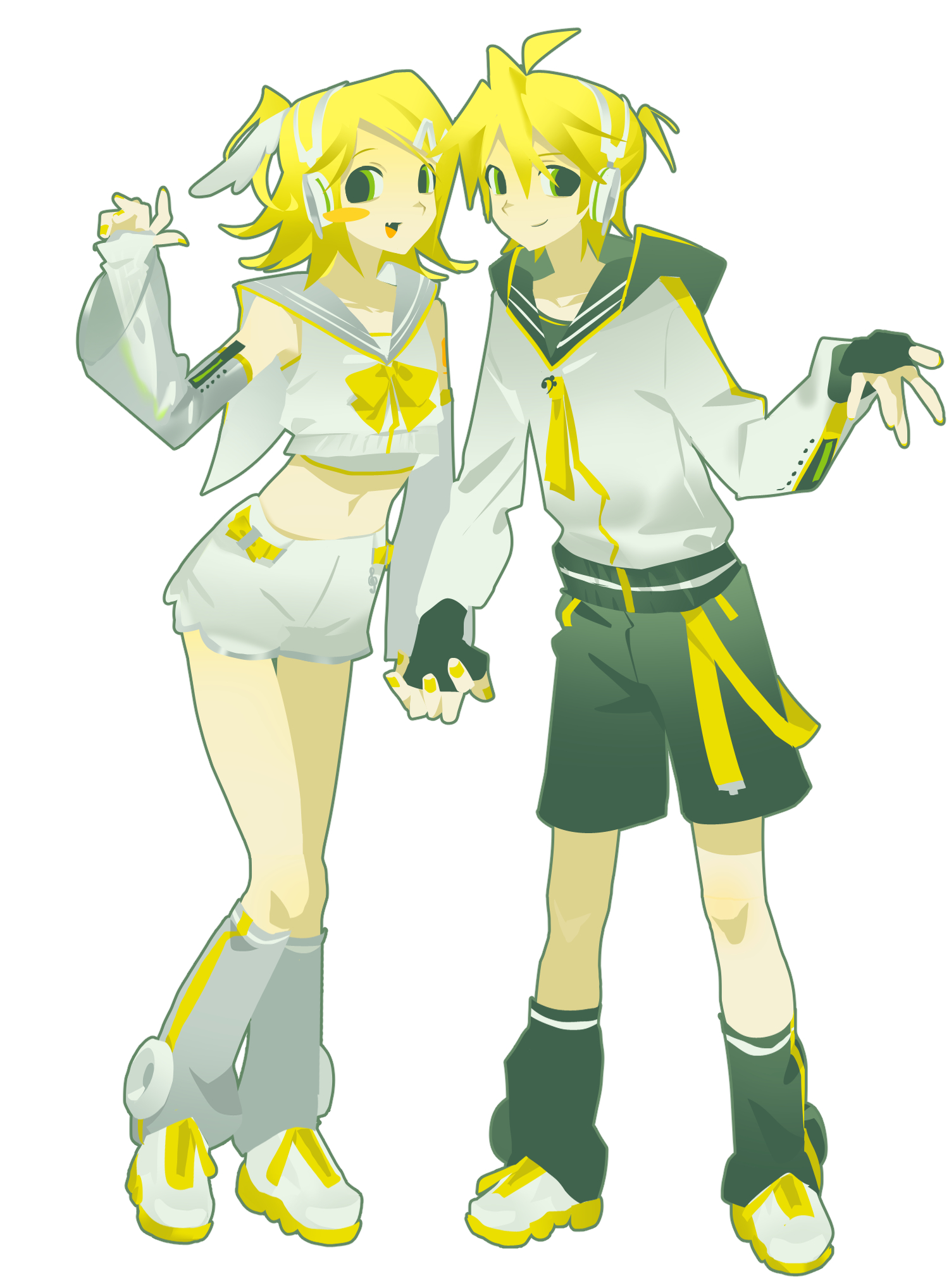 b cm2, kagamine len, kagamine rin, piapro studio, vocaloid, highres, 1boy, 1girl, ahoge, belt, black gloves, black sailor collar, black shorts, blonde hair, bow, bowtie, brother and sister, crop top, detached sleeves, fingerless gloves, full body, gloves, green eyes, hair bow, hair ornament, hairclip, hand up, headphones, holding hands, hood, interlocked fingers, kagamine len (nt), kagamine rin (nt), leg warmers, long sleeves, looking at viewer, midriff, navel, neckerchief, necktie, open mouth, ponytail, sailor collar, see-through clothes, see-through sleeves, shirt, shoes, short hair, short ponytail, short shorts, shorts, siblings, simple background, sleeveless, sleeveless shirt, smile, standing, white background, white bow, white shirt, white shorts, wing hair ornament, yellow bow, yellow bowtie, yellow nails, yellow neckerchief, yellow necktie