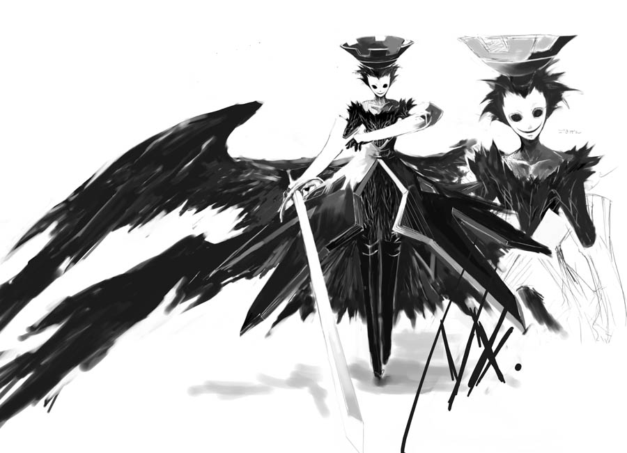kouen, nyx avatar, atlus, persona, persona 3, 1girl, demon, greyscale, monochrome, sword, weapon