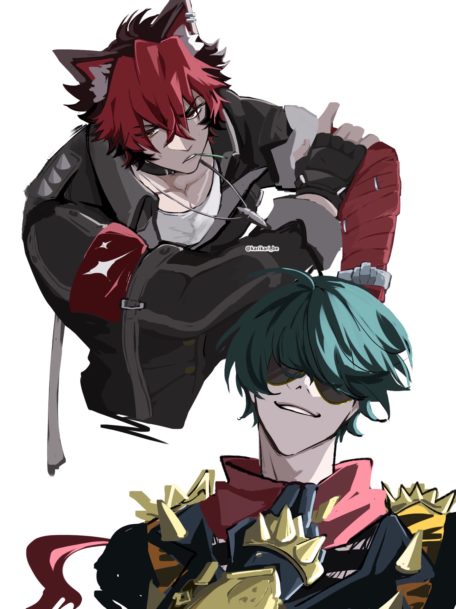 komano manato, lighter (zenless zone zero), zenless zone zero, highres, 2boys, animal ears, dog boy, dog ears, green hair, jacket, karikari be, leather, leather jacket, multiple boys, multiple scars, muscular, muscular male, red bandage, red scarf, scar, scar across eye, scar on chest, scar on face, scar on shoulder, scarf, shoulder spikes, spiked jacket, spikes, studded gloves, sunglasses, torn clothes, torn scarf