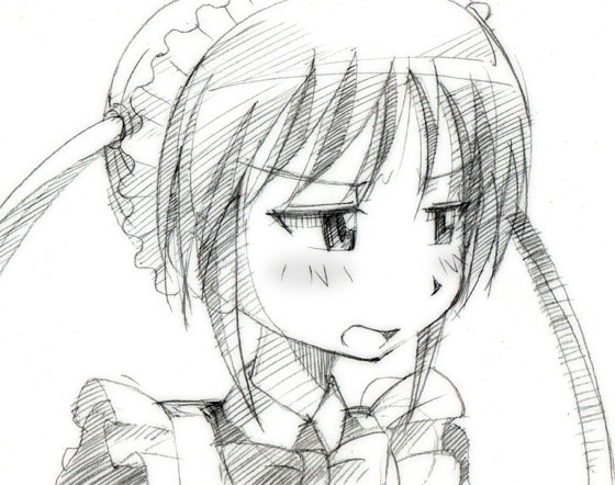 gofu, sanzen'in nagi, hayate no gotoku!, traditional media, 00s, 1girl, female focus, greyscale, maid, monochrome, simple background, sketch, solo