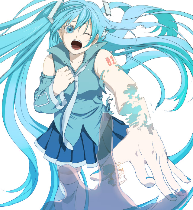 umishima senbon, hatsune miku, hatsune miku no shoushitsu (vocaloid), vocaloid, bad id, bad pixiv id, 1girl, amputee, aqua hair, asymmetrical sleeves, blue eyes, blue hair, blue skirt, collarbone, collared shirt, cowboy shot, detached sleeves, digital dissolve, dissolving, dissolving clothes, floating hair, hair down, hair ornament, long hair, looking at viewer, matching hair/eyes, miniskirt, nail polish, necktie, one eye closed, one side up, open mouth, out of frame, pleated skirt, pov, pov hands, reaching, shirt, simple background, skirt, solo focus, tattoo, tears, thighhighs, transparent, uneven sleeves, very long hair, white background