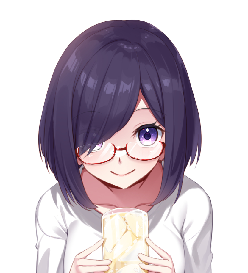dodome-iro mayonnaise, komurasaki rin, indie virtual youtuber, commentary request, variant set, 1girl, black hair, blush, bob cut, breasts, closed mouth, cup, drinking glass, holding, holding cup, juice, looking at viewer, orange juice, portrait, purple eyes, red-framed eyewear, semi-rimless eyewear, shirt, short hair, simple background, smile, solo, swept bangs, t-shirt, under-rim eyewear, virtual youtuber, white background, white shirt