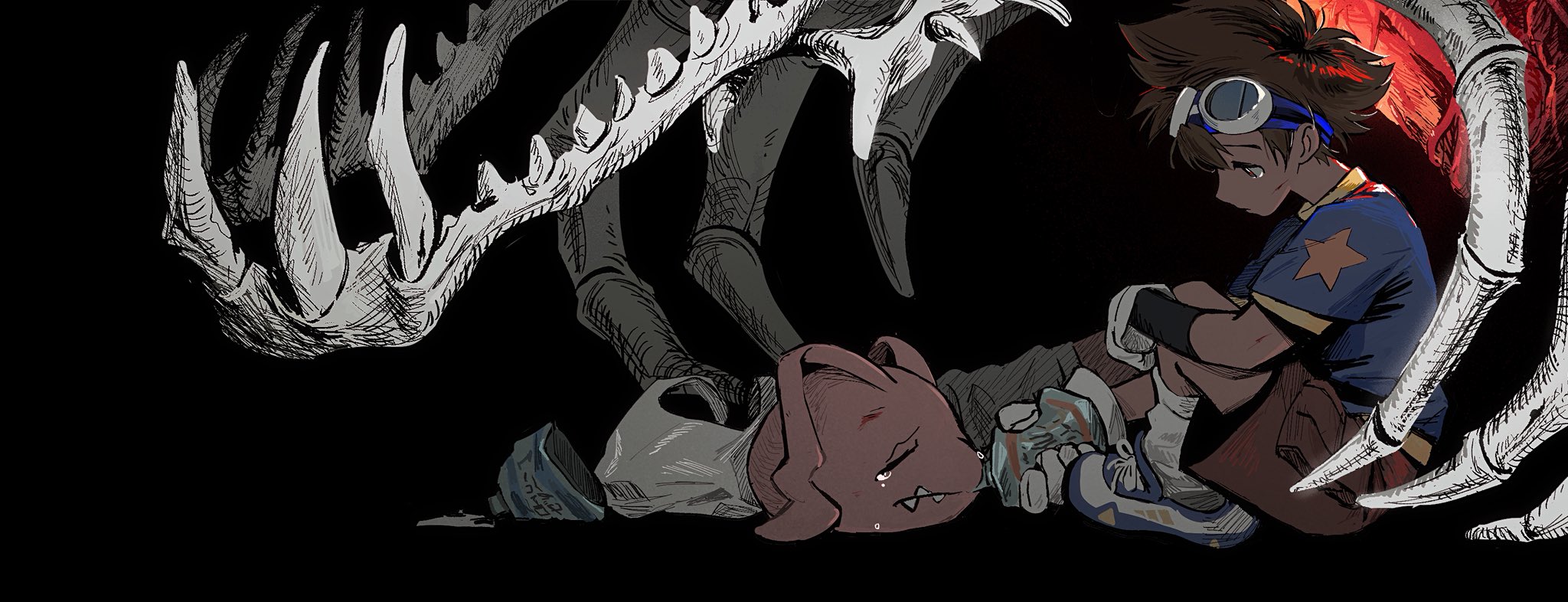 koromon, skullgreymon, yagami taichi, digimon, digimon adventure, highres, 1boy, animal skeleton, bag, black background, blue shirt, brown hair, brown shorts, closed eyes, crying, digimon (creature), feeding, full body, gloves, goggles, goggles on head, konashio, looking at another, male focus, plastic bag, shirt, shoes, short hair, shorts, sneakers, socks, star (symbol), tears, trash, traumatized, white gloves, white socks