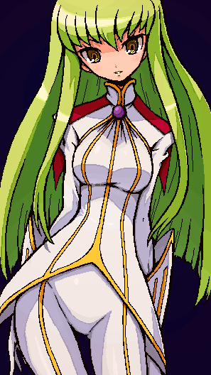 shirono, c.c., code geass, uniform, 00s, 1girl, beret, bodysuit, breasts, brooch, brown eyes, collar, contrapposto, female focus, gem, gloves, green hair, hat, hip focus, jewelry, looking at viewer, skin tight, solo, standing, thigh gap, white gloves, wide hips