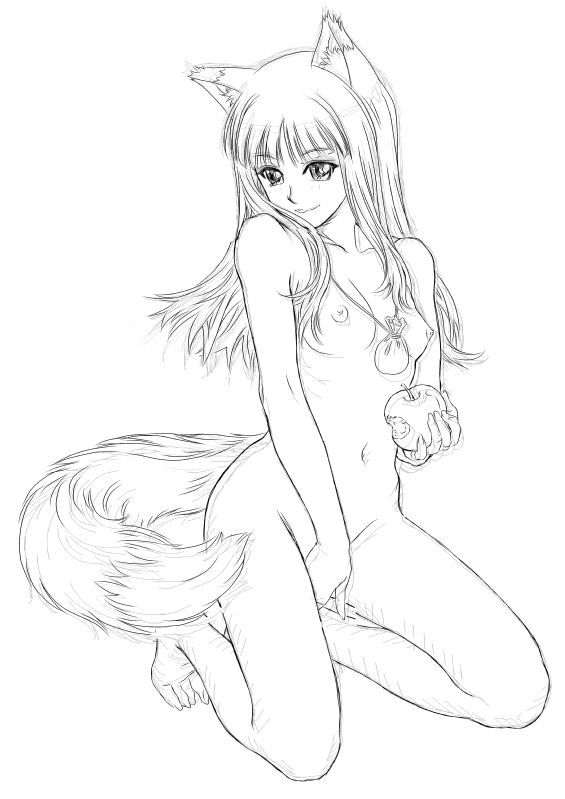 mihoto kouji, holo, spice and wolf, bad id, bad pixiv id, 00s, 1girl, animal ears, apple, barefoot, breasts, female focus, food, fruit, greyscale, kneeling, long hair, monochrome, nipples, nude, sketch, small breasts, solo, tail, wolf ears, wolf tail