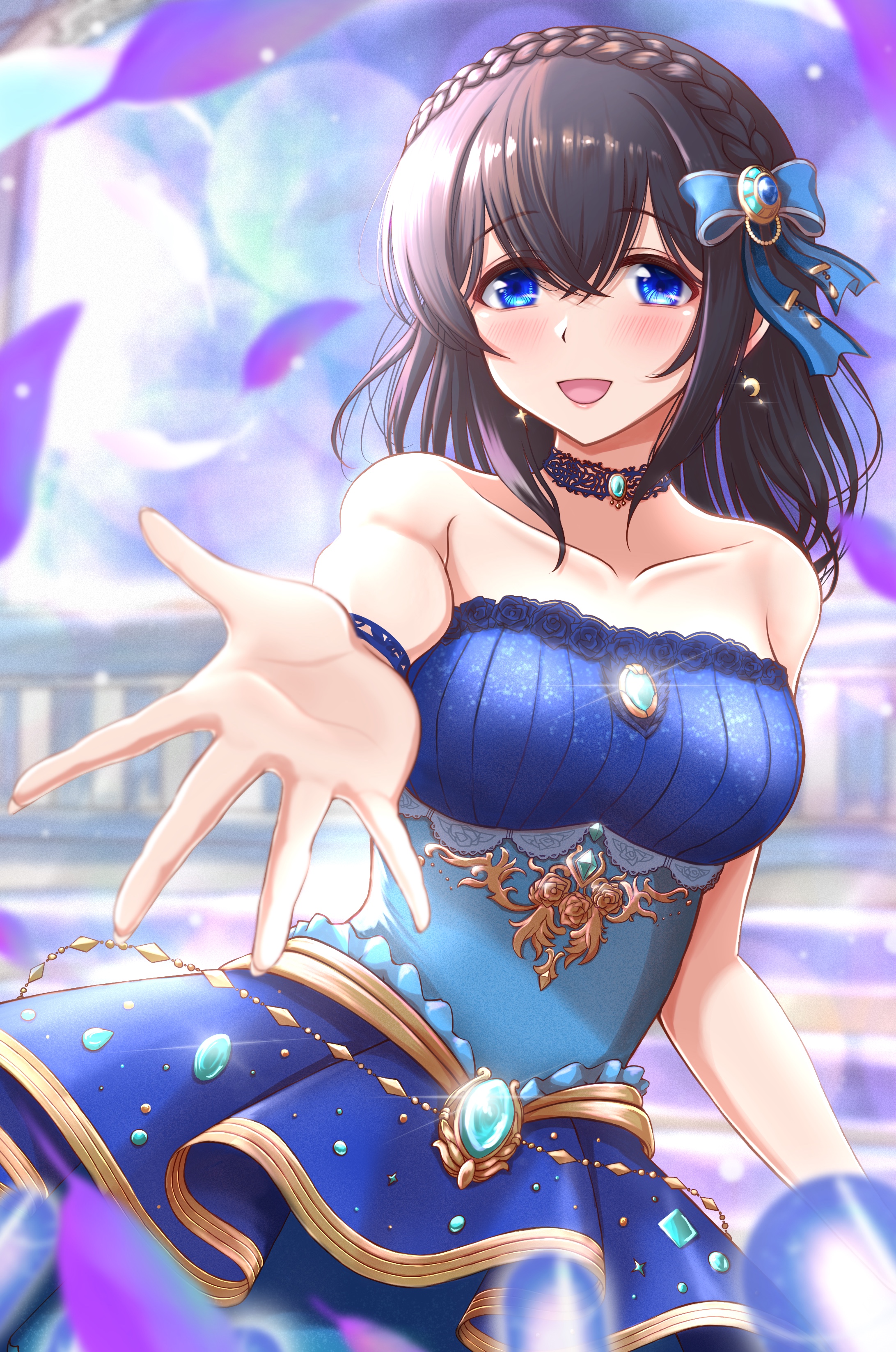 karlp346pro, sagisawa fumika, idolmaster, idolmaster cinderella girls, absurdres, highres, 1girl, :d, animal ears, black hair, blue dress, blue eyes, blue ribbon, blush, breasts, choker, dress, hair between eyes, hair ribbon, large breasts, medium hair, open mouth, outstretched hand, ribbon, sleeveless, sleeveless dress, smile, solo, strapless, strapless dress