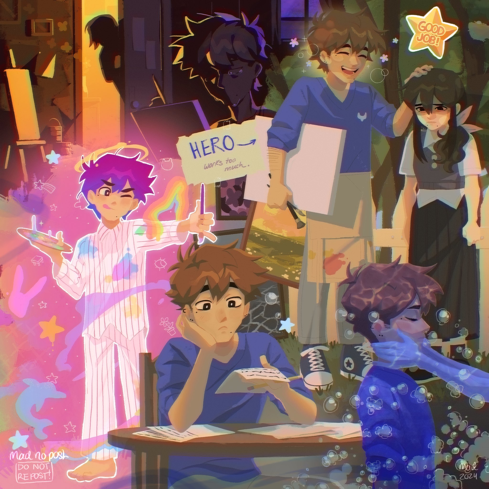 madnopost, aubrey (faraway) (omori), aubrey (omori), hero (faraway) (omori), hero (headspace) (omori), hero (omori), kel (faraway) (omori), kel (omori), omori, highres, 1girl, 2024, 3boys, alternate costume, alternate eye color, alternate hair color, alternate hairstyle, alternate skin color, alternate universe, antenna hair, apron, arrow (symbol), artist name, barefoot, black eyes, black hair, black skirt, black sweater vest, blue shoes, blue sweater, brothers, brown eyes, brown hair, chair, character name, closed eyes, collared shirt, crying, dark-skinned male, dark skin, double-parted bangs, ear piercing, easel, grey pants, hair between eyes, hair ribbon, headpat, holding, holding paint palette, holding paintbrush, holding paper, holding pencil, indoors, long hair, long skirt, long sleeves, low ponytail, mole, mole under eye, mole under mouth, multiple boys, one eye closed, paint on clothes, paint palette, paintbrush, pants, paper, pencil, piercing, pink ribbon, pleated skirt, ponytail, purple hair, ribbon, shirt, shoes, short hair, short sleeves, siblings, sitting, skirt, sneakers, standing, sweater, sweater vest, table, white apron, white shirt, window