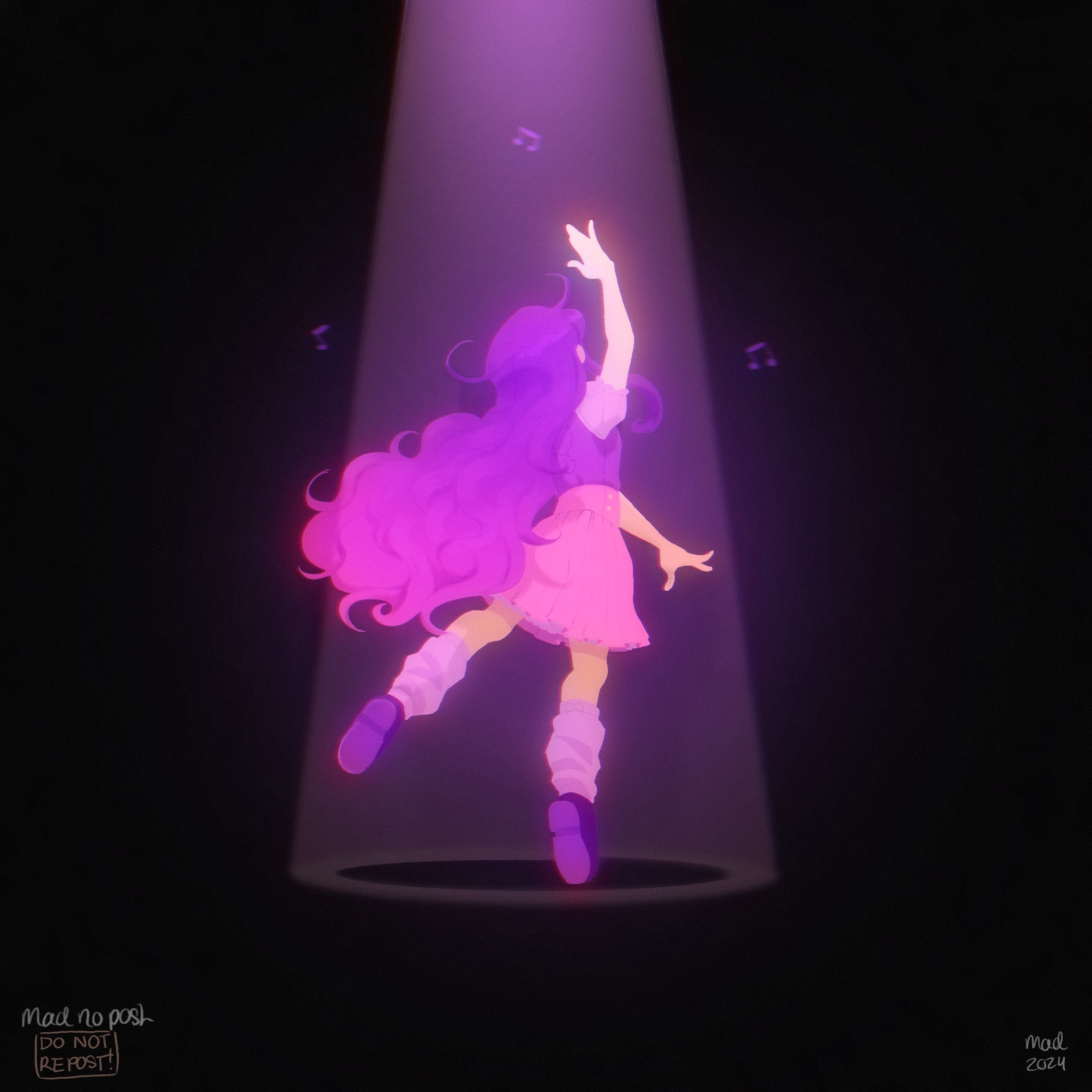 madnopost, mari (headspace) (omori), mari (omori), omori, highres, 1girl, 2024, alternate costume, alternate hair color, alternate universe, arm up, artist name, black background, from behind, full body, gradient hair, long hair, multicolored hair, musical note, pink hair, pink skirt, purple hair, purple shoes, purple sweater vest, shoes, skirt, socks, solo, sweater vest, two-tone hair, white socks