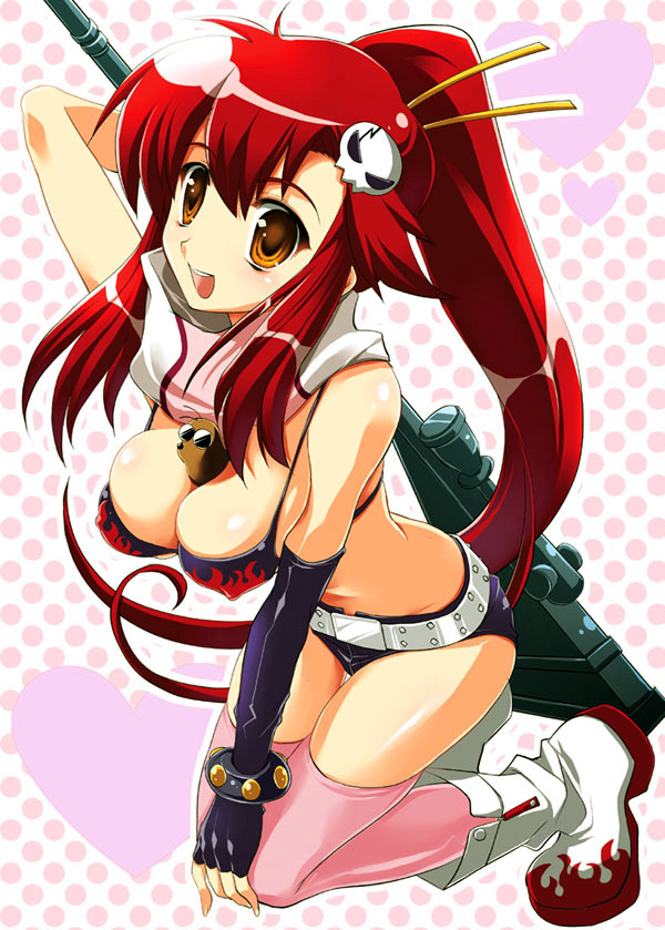 ariko youichi, boota (ttgl), yoko littner, tengen toppa gurren lagann, 00s, 1girl, :d, animal, animal between breasts, belt, between breasts, bikini, bikini top only, black bikini, blush, boots, breasts, chopsticks, cleavage, covered erect nipples, elbow gloves, female focus, fingerless gloves, gloves, gun, hair ornament, heart, kneeling, large breasts, long hair, open mouth, orange hair, pink thighhighs, polka dot, ponytail, red hair, rifle, scarf, short shorts, shorts, skull, skull hair ornament, smile, solo, striped clothes, striped scarf, studded belt, swimsuit, thigh gap, thighhighs, thighs, very long hair, weapon, zipper