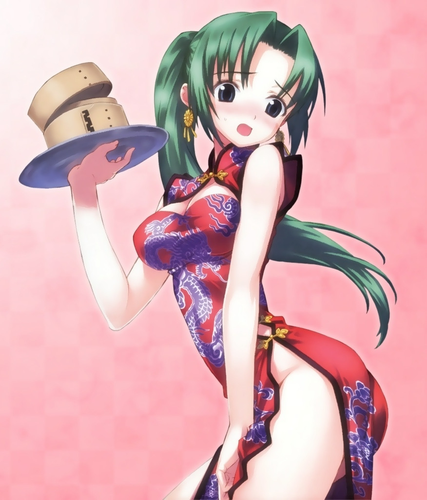 matsuryuu, sonozaki mion, higurashi no naku koro ni, 00s, 1girl, bamboo steamer, bare shoulders, blush, breasts, china dress, chinese clothes, cleavage, dress, earrings, embarrassed, female focus, green hair, jewelry, large breasts, long hair, no panties, ponytail, solo, tray, waitress