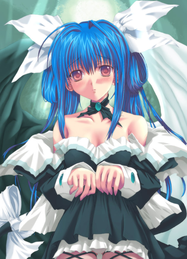 dizzy (guilty gear), arc system works, guilty gear, 1girl, alternate costume, asymmetrical wings, bare shoulders, blue hair, choker, clothes lift, dress, dress lift, female focus, red eyes, ribbon, solo, thigh gap, wings