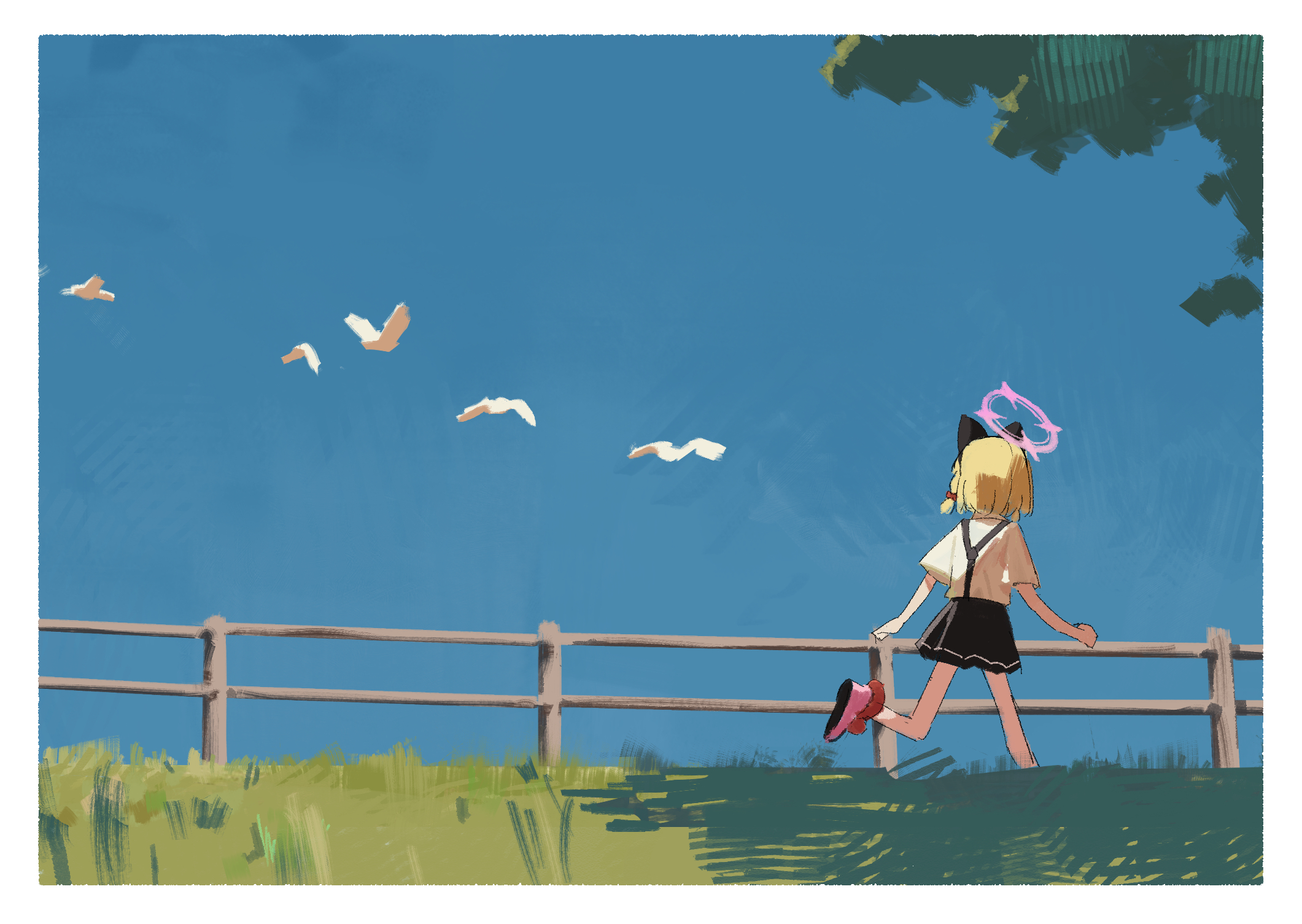 yu-hi, momoi (blue archive), blue archive, highres, 1girl, animal ears, bird, black skirt, blonde hair, blue sky, boots, border, cat ears, day, facing away, fence, grass, halo, no jacket, outdoors, pink boots, running, shirt, short hair, short sleeves, skirt, sky, solo, suspender skirt, suspenders, white border, white shirt, wide shot