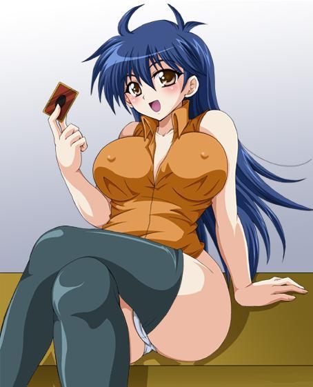 saotome rei, yu-gi-oh!, yu-gi-oh! duel monsters gx, yu-gi-oh! gx, alternate breast size, 1girl, age progression, arm support, ass, blue hair, blush, breast expansion, breasts, brown eyes, card, covered erect nipples, crossed legs, female focus, holding, holding card, large breasts, panties, sitting, solo, thighhighs, underwear, upper body, white panties, yu-gi-oh (card)