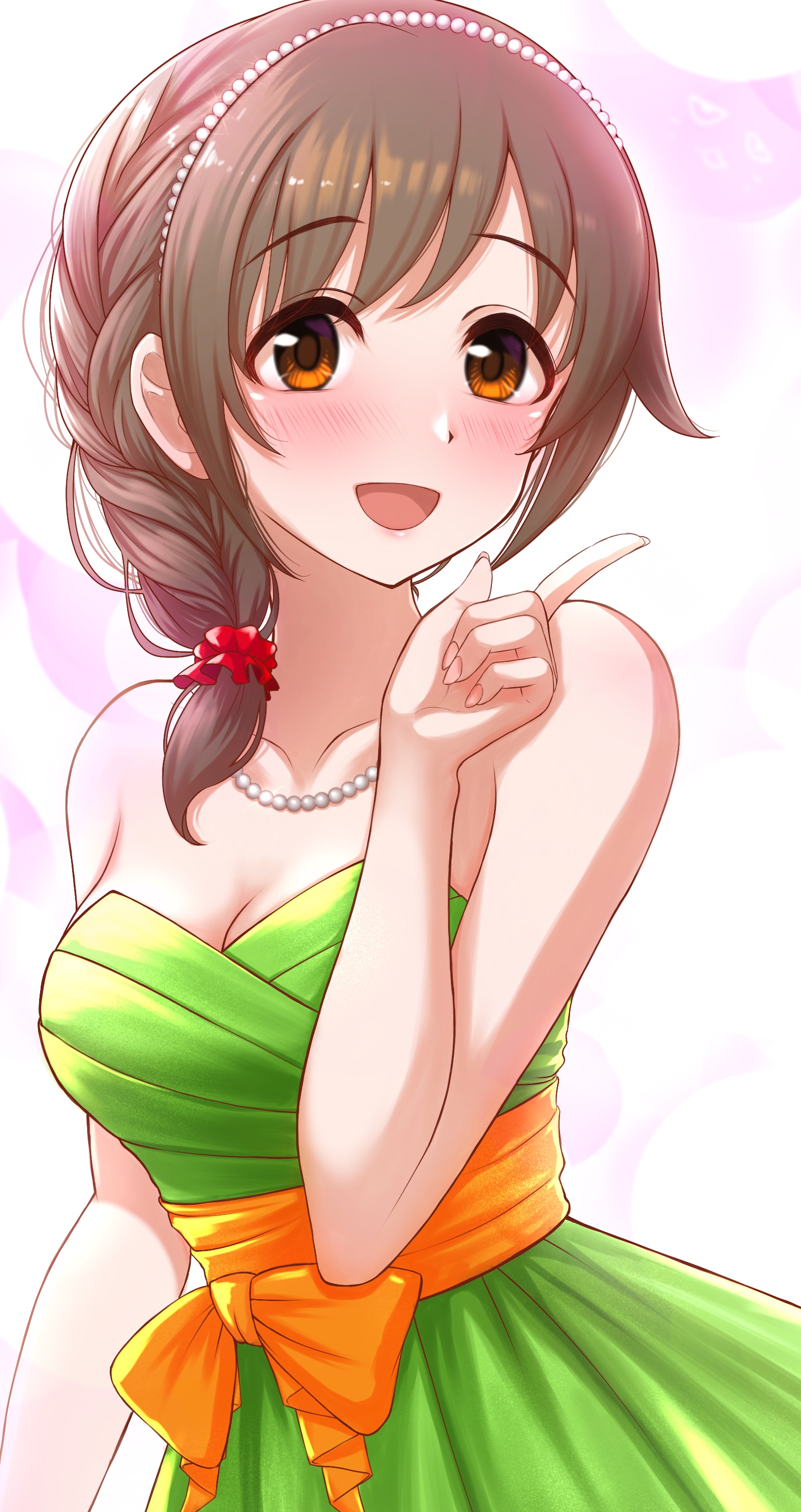 karlp346pro, senkawa chihiro, idolmaster, idolmaster cinderella girls, absurdres, commentary request, highres, 1girl, :d, bare shoulders, blush, braid, breasts, brown hair, cleavage, collarbone, dress, green dress, hair ornament, hair over shoulder, hair scrunchie, jewelry, looking at viewer, medium breasts, necklace, open mouth, orange sash, pearl necklace, red eyes, scrunchie, side braid, sleeveless, sleeveless dress, smile, solo, strapless, strapless dress