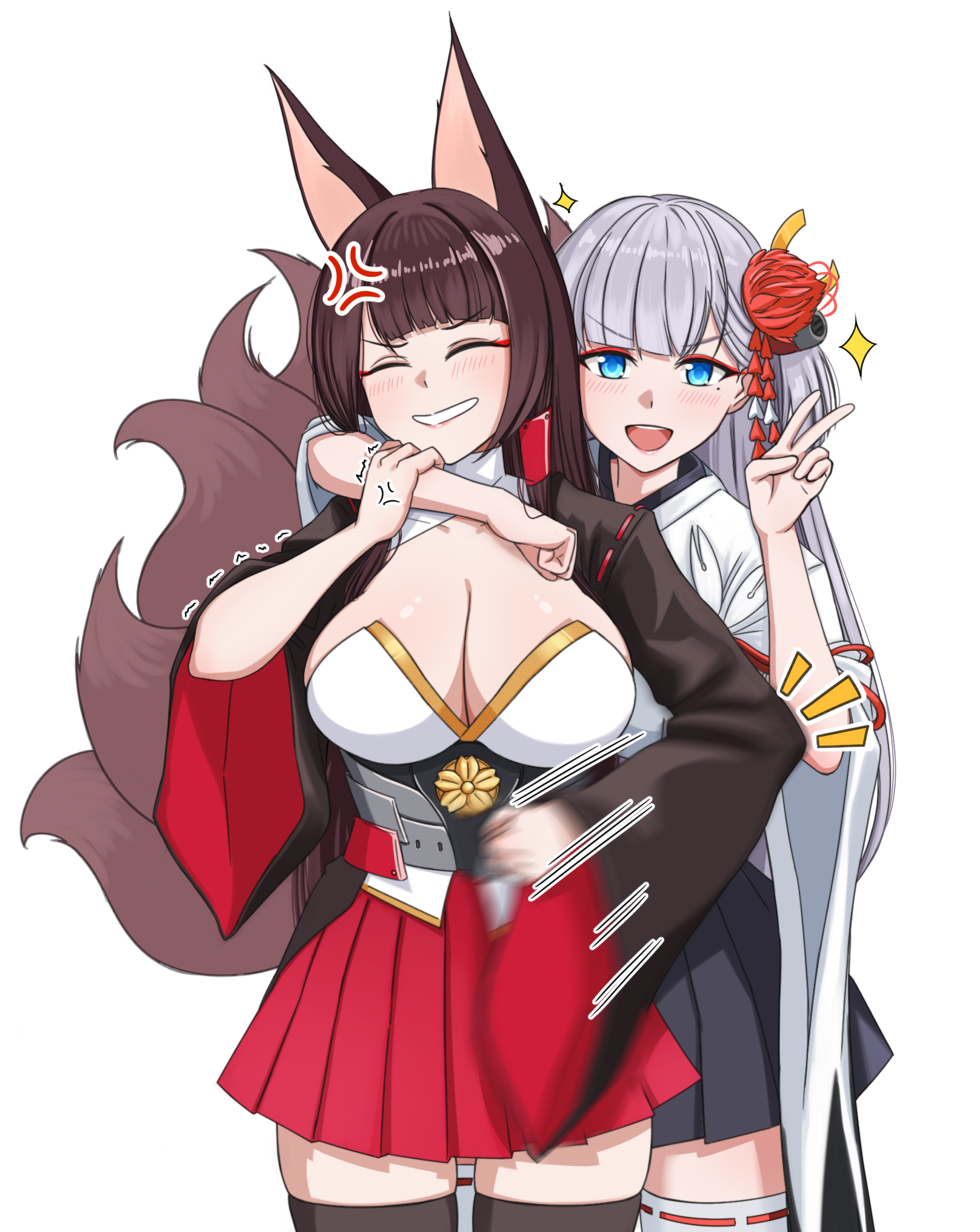 crane enthusiast, akagi (azur lane), shoukaku (azur lane), azur lane, commentary, english commentary, highres, 2girls, :d, anger vein, angry, animal ears, arm around neck, black kimono, black skirt, blue eyes, blush, breasts, brown hair, cleavage, closed eyes, elbowing, eyeshadow, false smile, flower, fox ears, fox girl, fox tail, grabbing another's arm, grin, hair flower, hair ornament, hairclip, hands up, hug, hug from behind, japanese clothes, kimono, kitsune, large breasts, long hair, makeup, miniskirt, multiple girls, multiple tails, open mouth, pleated skirt, red eyeshadow, red skirt, sakura empire (emblem), skirt, smile, tail, thighhighs, v, very long hair, white hair, white kimono, wide sleeves