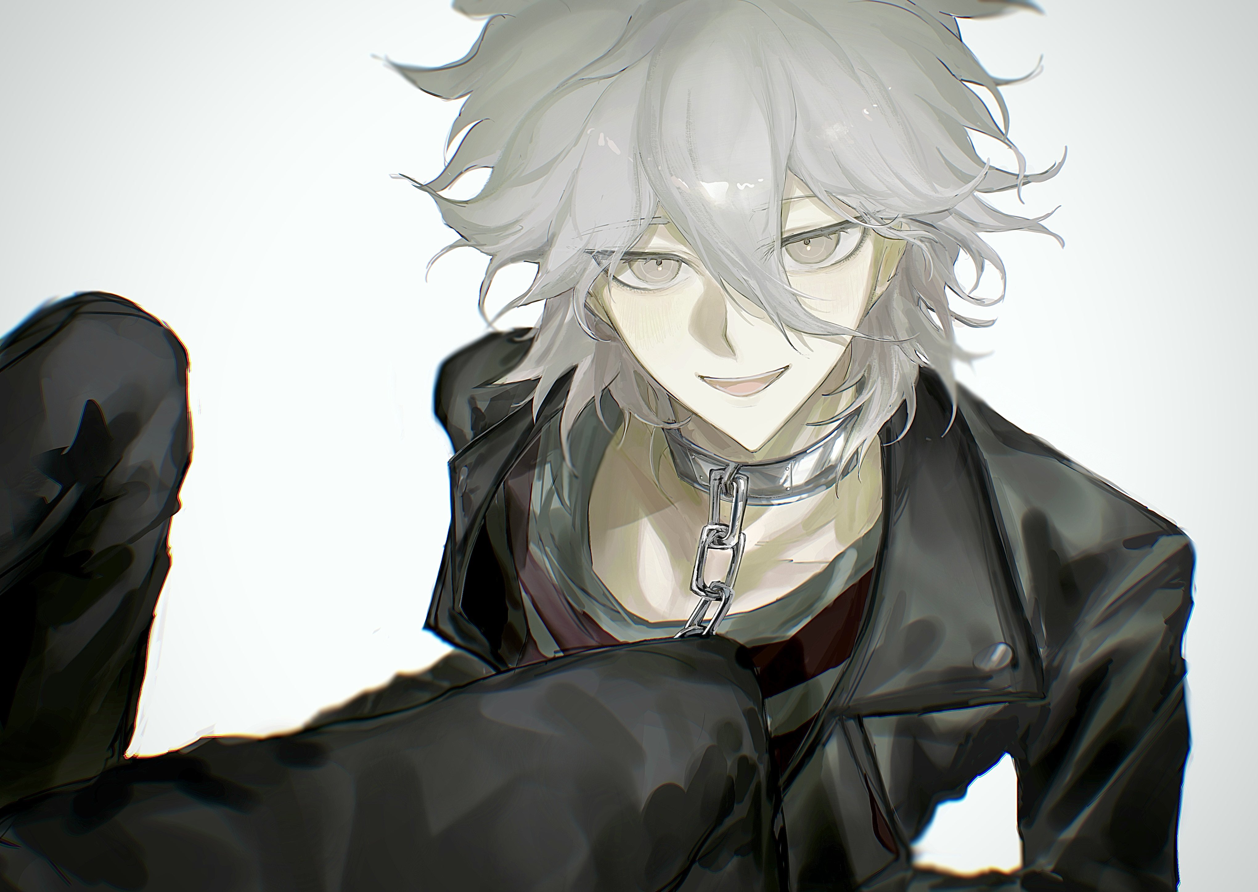 kashiba (iiiiii kasba), komaeda nagito, servant (danganronpa), danganronpa (series), danganronpa another episode: ultra despair girls, absurdres, highres, 1boy, :d, black jacket, black pants, chain, collar, collarbone, grey background, grey eyes, grey hair, grey shirt, hair between eyes, jacket, long sleeves, looking at viewer, male focus, medium hair, messy hair, metal collar, open clothes, open jacket, open mouth, pants, shirt, simple background, smile, solo, striped clothes, striped shirt, teeth, upper teeth only, white background