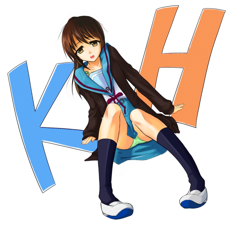 nanotsuki, kyon, kyonko, suzumiya haruhi no yuuutsu, 00s, 1girl, black socks, brown hair, female focus, genderswap, genderswap (mtf), kneehighs, long hair, panties, pantyshot, ponytail, school uniform, serafuku, sitting, socks, solo, underwear